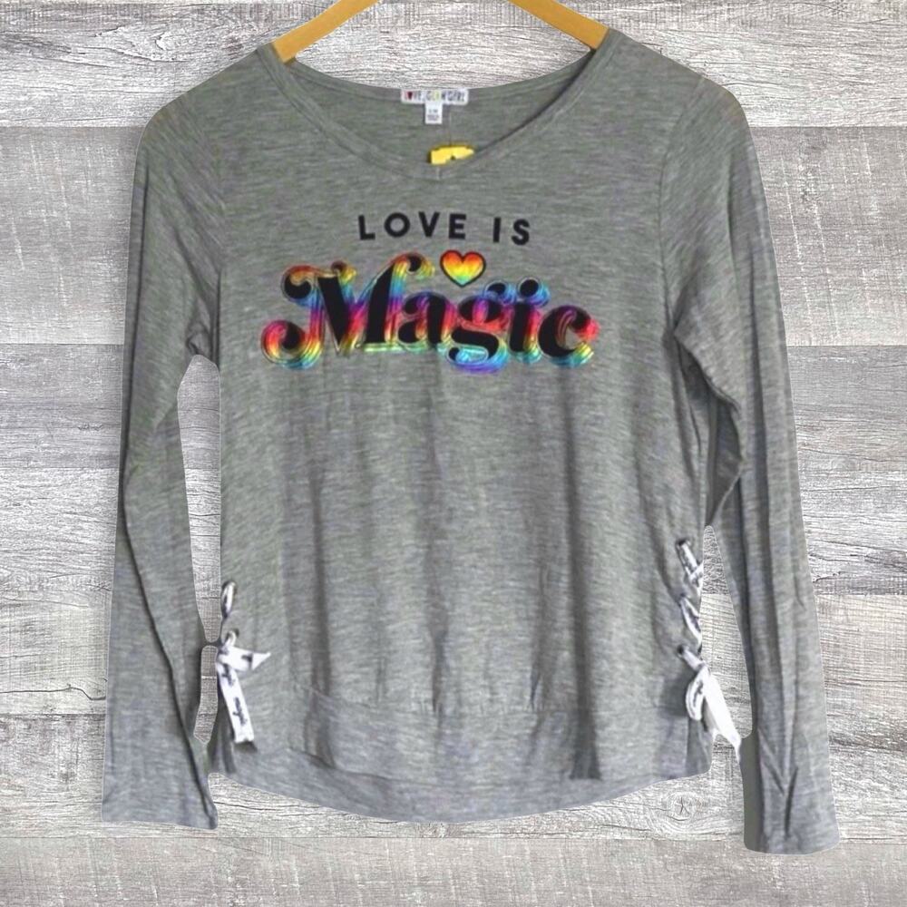 Love Glam Girl NEW Dani Long Sleeve Rainbow Graphic Shirt L 14 Lace Up Sides